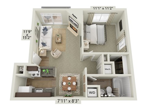 this is a 3d floor plan of a 731 square foot 1 bedroom apartment at the